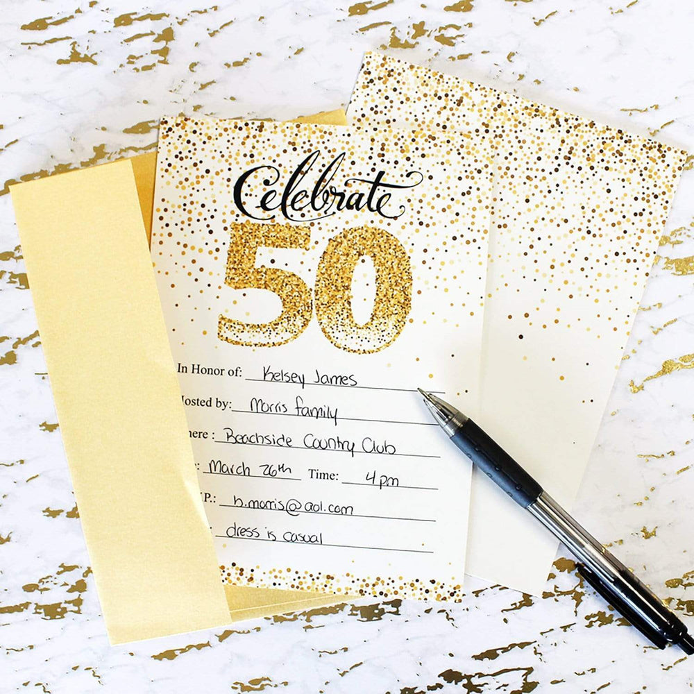 Invite Guests in Style - 10 White and Gold Invitations with Envelopes 