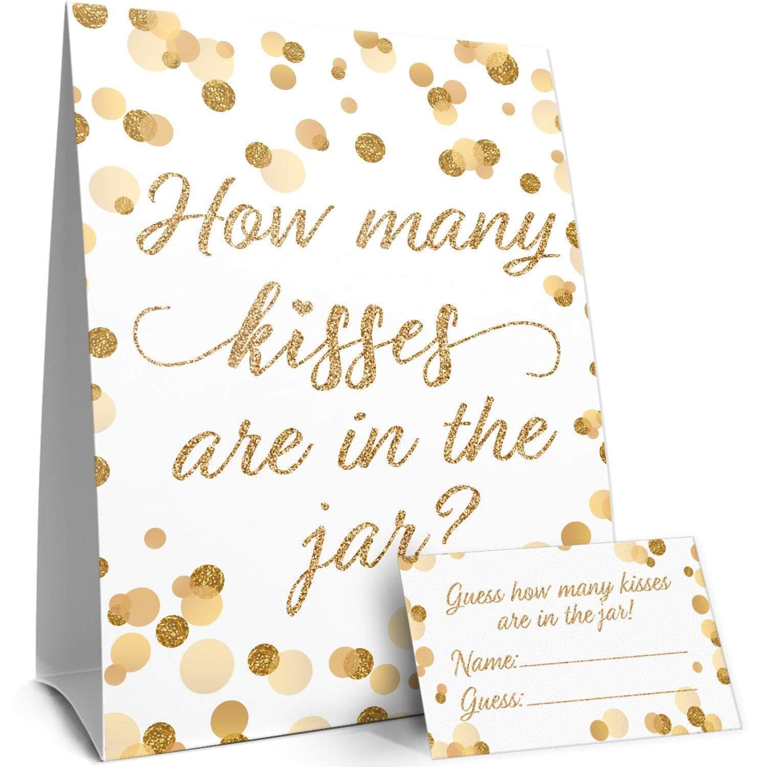 Gold Confetti: White - How Many Kisses in the Jar Party Game - Baby Shower, Kid's Birthday, Bridal, 1st Birthday - Distinctivs Party