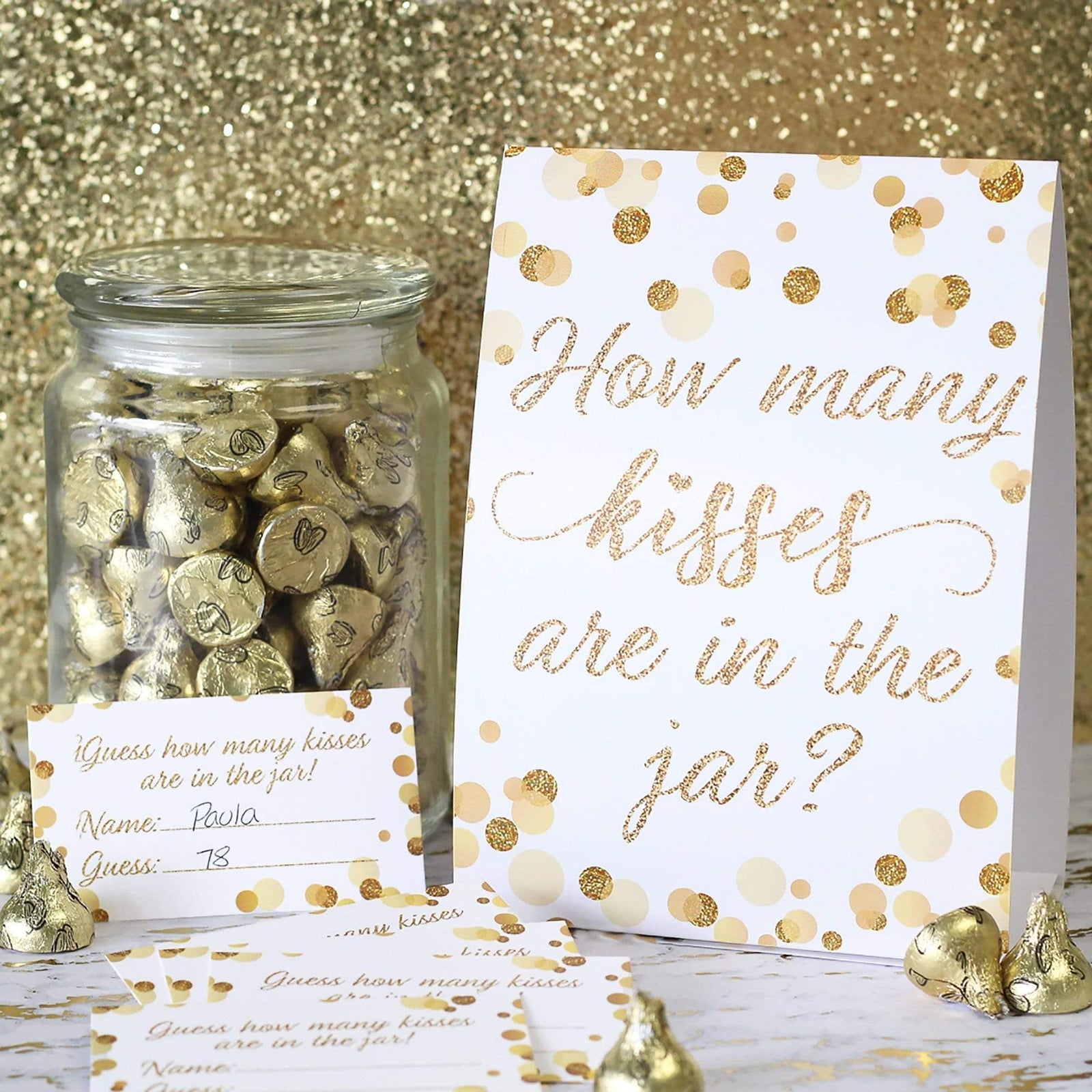 Gold Confetti: White - How Many Kisses in the Jar Party Game - Baby Shower, Kid's Birthday, Bridal, 1st Birthday - Distinctivs Party
