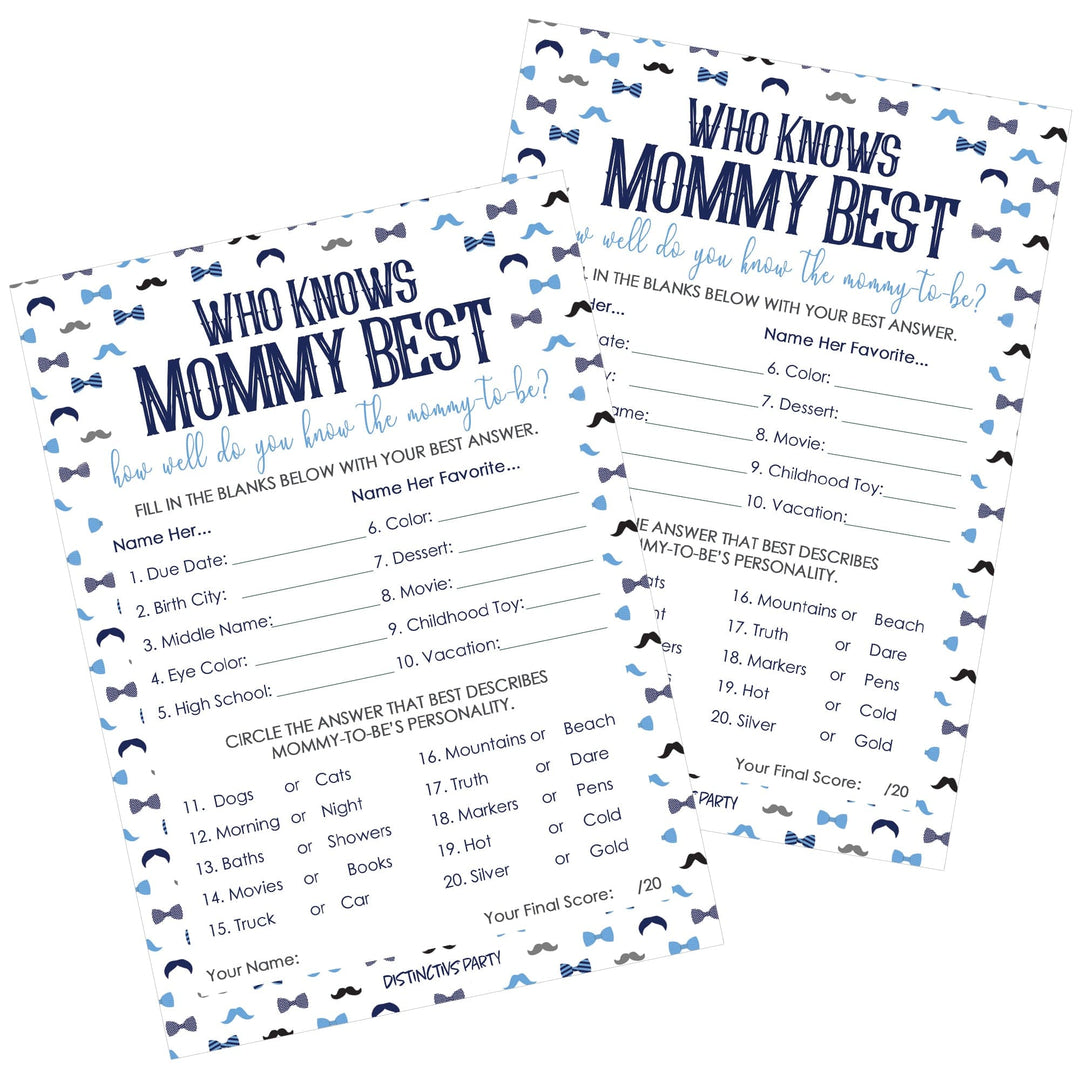 Who Knows Mommy Best Game Cards - Little Man Themed Baby Shower boss baby theme