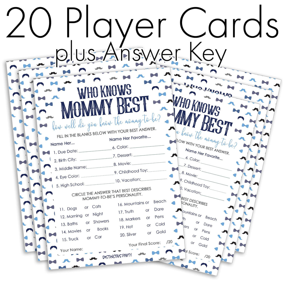 Who Knows Mommy Best Game Cards - Little Man Themed Baby Shower -20 count