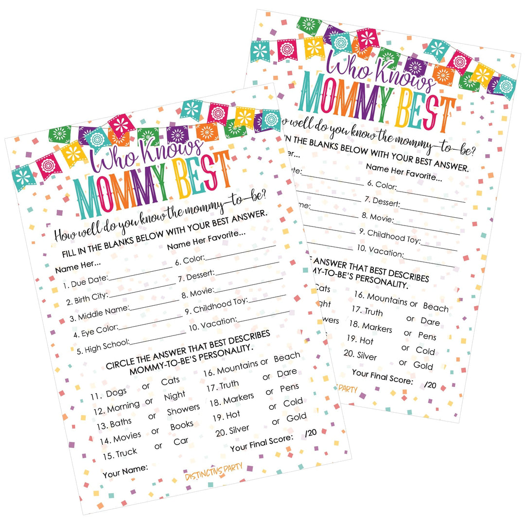 Who Knows Mommy Best Game Cards - Taco 'Bout a Baby Themed Baby Shower -20 count