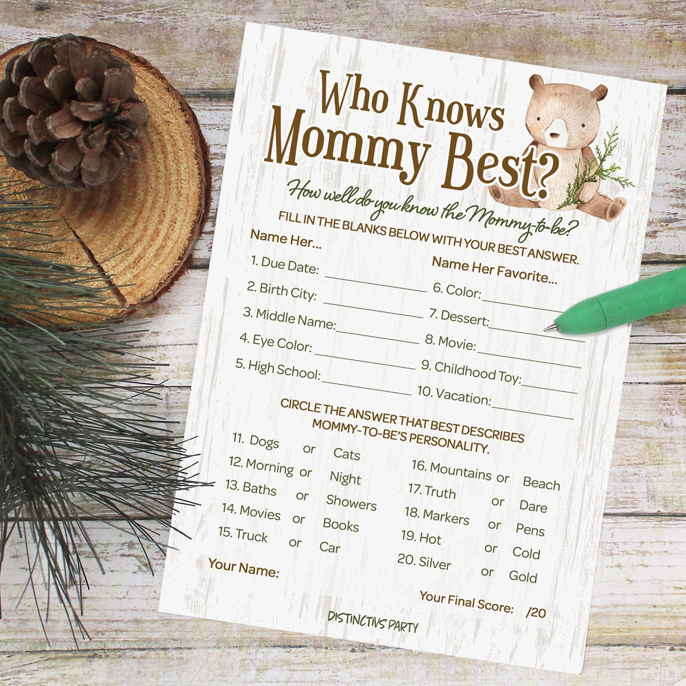 Who Knows Mommy Best Game Cards -  Woodland Bear Themed Baby Shower -20 count