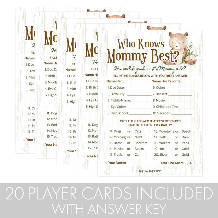 Who Knows Mommy Best Game Cards -  Woodland Bear Themed Baby Shower -20 count