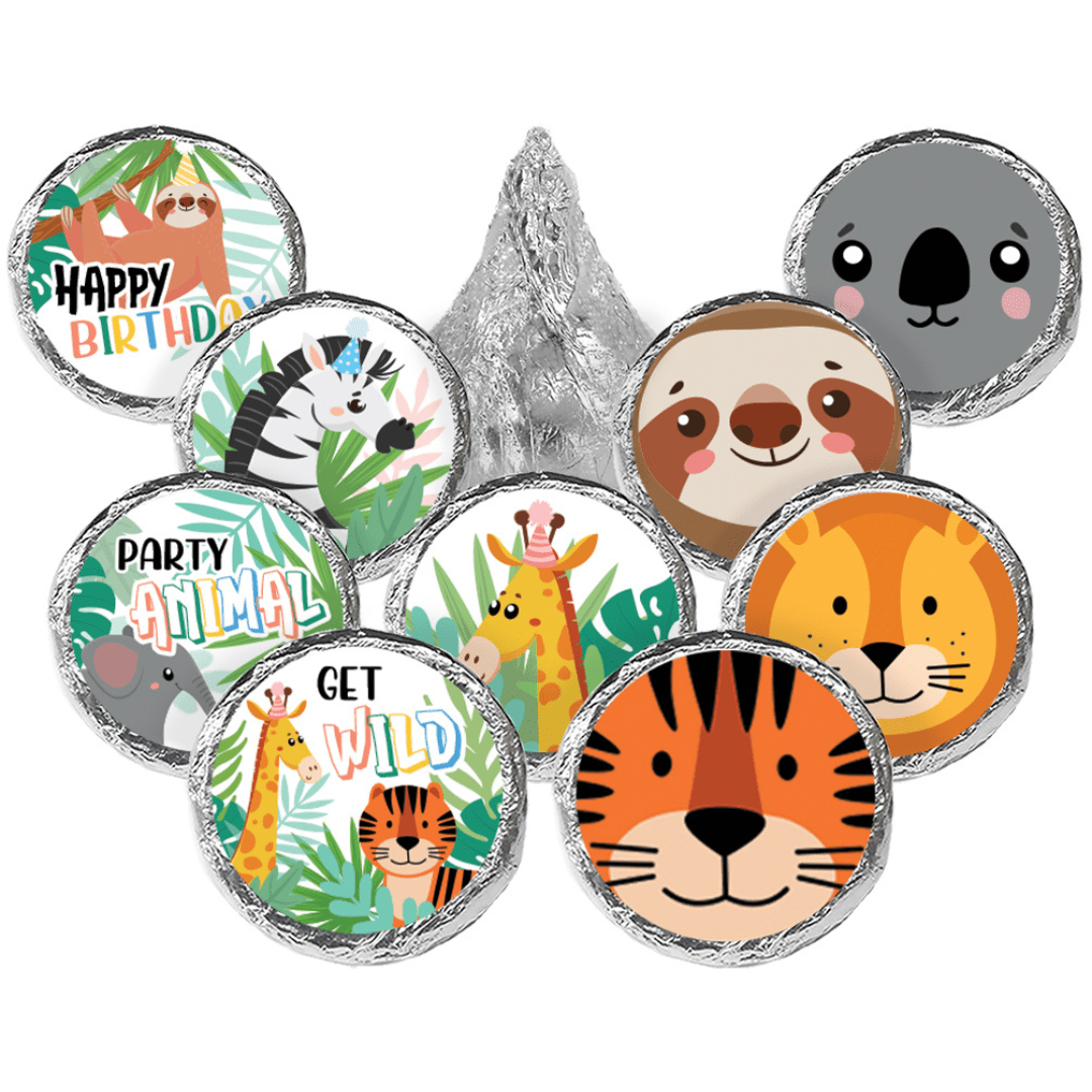 Wild Jungle: Kid's Birthday - Party Favor Stickers - Fits on Hershey's Kisses - 180 Stickers