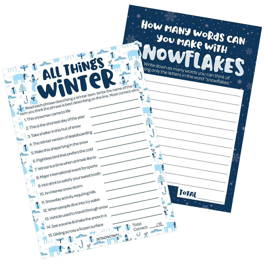 Winter Holiday Party Games Bundle - All Things Winter Guessing Game and Snowflake Anagram Word Game - 25 Dual-Sided Cards