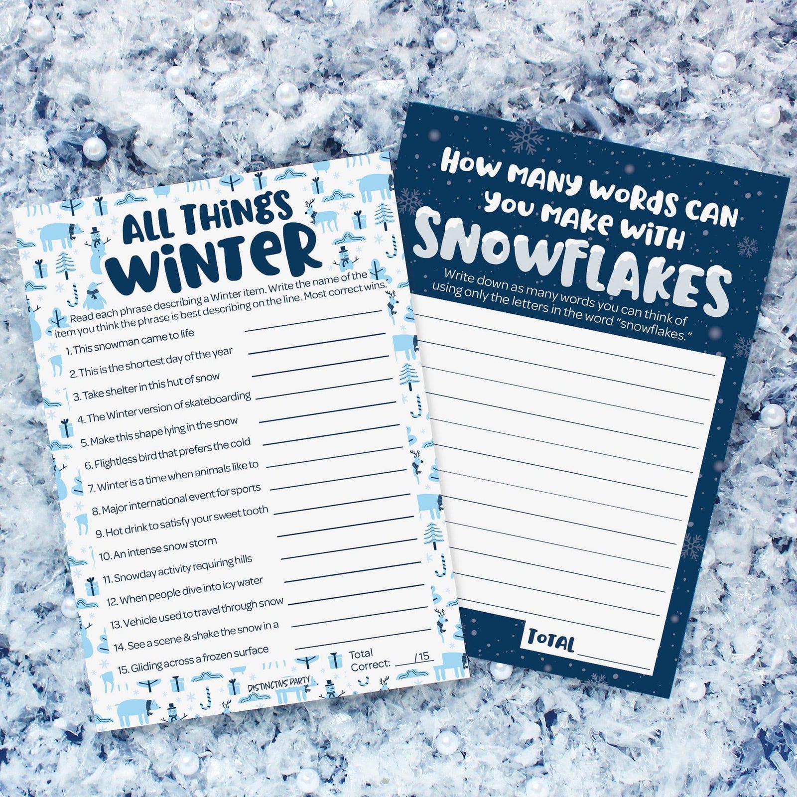 Winter Game: Blue Snowflakes - All Things Winter Guessing Game and Snowflake Anagram Word Game - Two Game Bundle - 25 Dual Sided Game Cards - Distinctivs Party