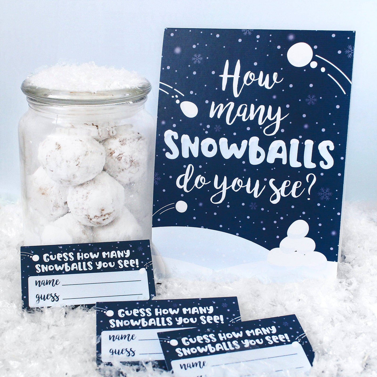 Winter Game: Blue Snowflakes - How Many Snowballs Holiday Guessing Game - Distinctivs Party