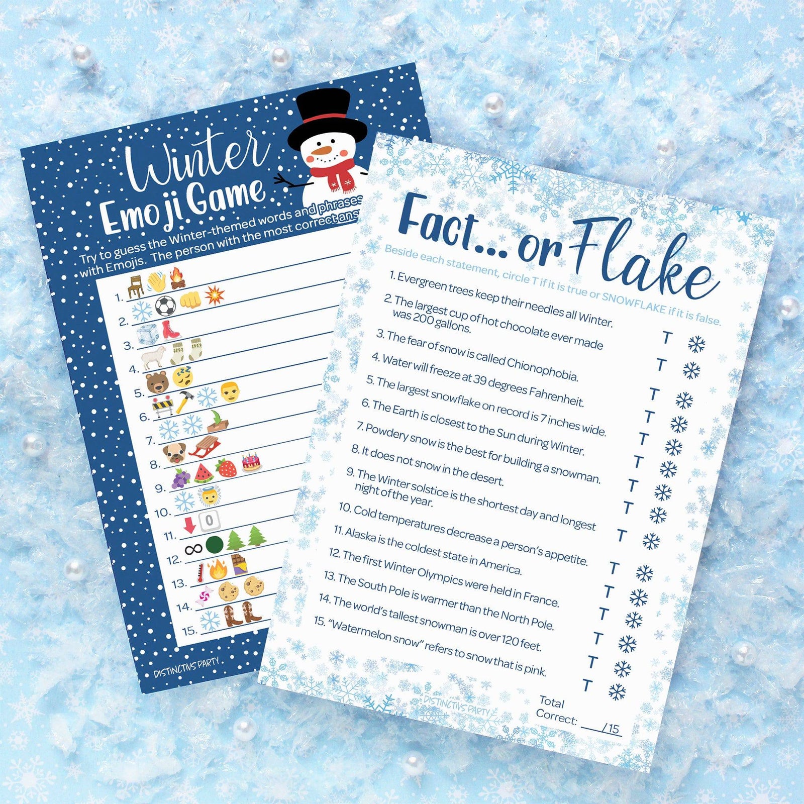 Winter Game: Blue Snowflakes - Winter Emoji Guessing Game and Fact or Flake Trivia  - Two Game Bundle - 25 Dual Sided Game Cards - Distinctivs Party