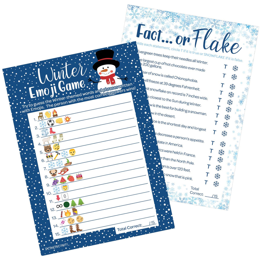 Winter Holiday Party Games Bundle – Winter Emoji Guessing Game and Fact or Flake Trivia - 25 Dual-Sided Cards