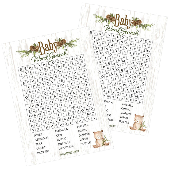 Word Search Baby Shower Party Game - Woodland Bear Gender Neutral Theme - 20 Player Cards