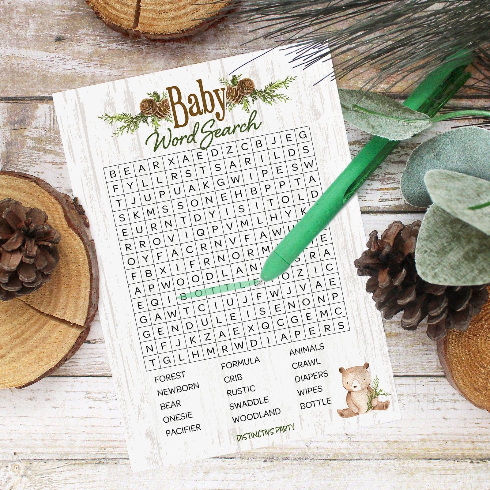Woodland Bear: Baby Shower Party Game - Word Search - 20 Cards - Distinctivs Party