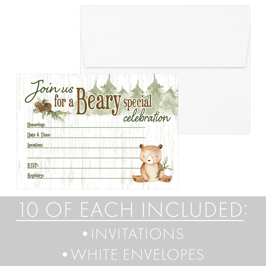 Woodland Bear Baby Shower Party Invitations – 10 Cards