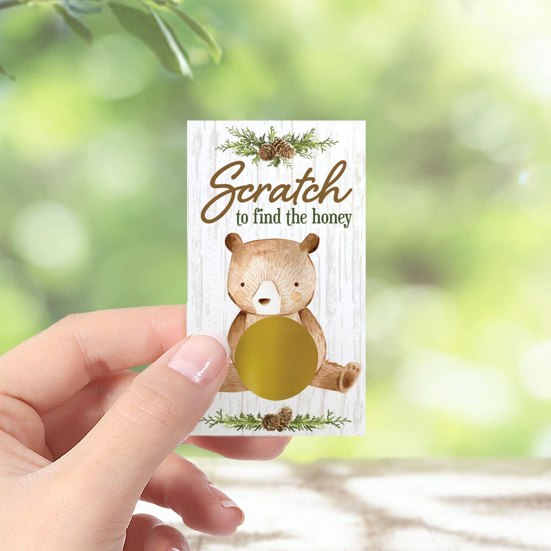 Woodland Bear: Tarjetas de juego para raspar y raspar para Baby Shower, 28 unidades