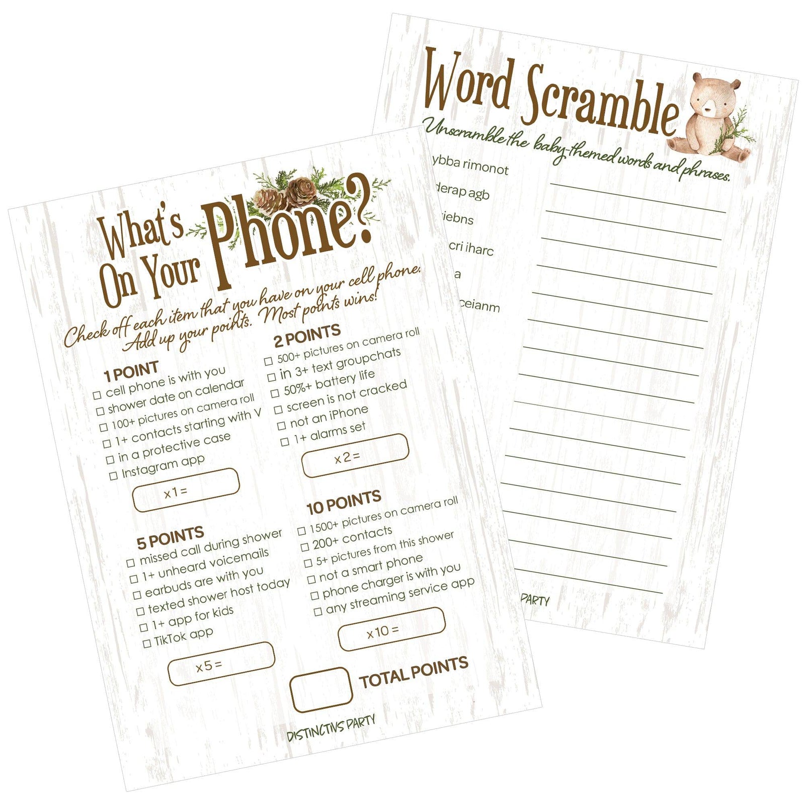 Woodland Bear: Baby Shower Two Game Bundle - What's On Your Phone and Word Scramble - 20 Dual Sided Cards - Distinctivs Party