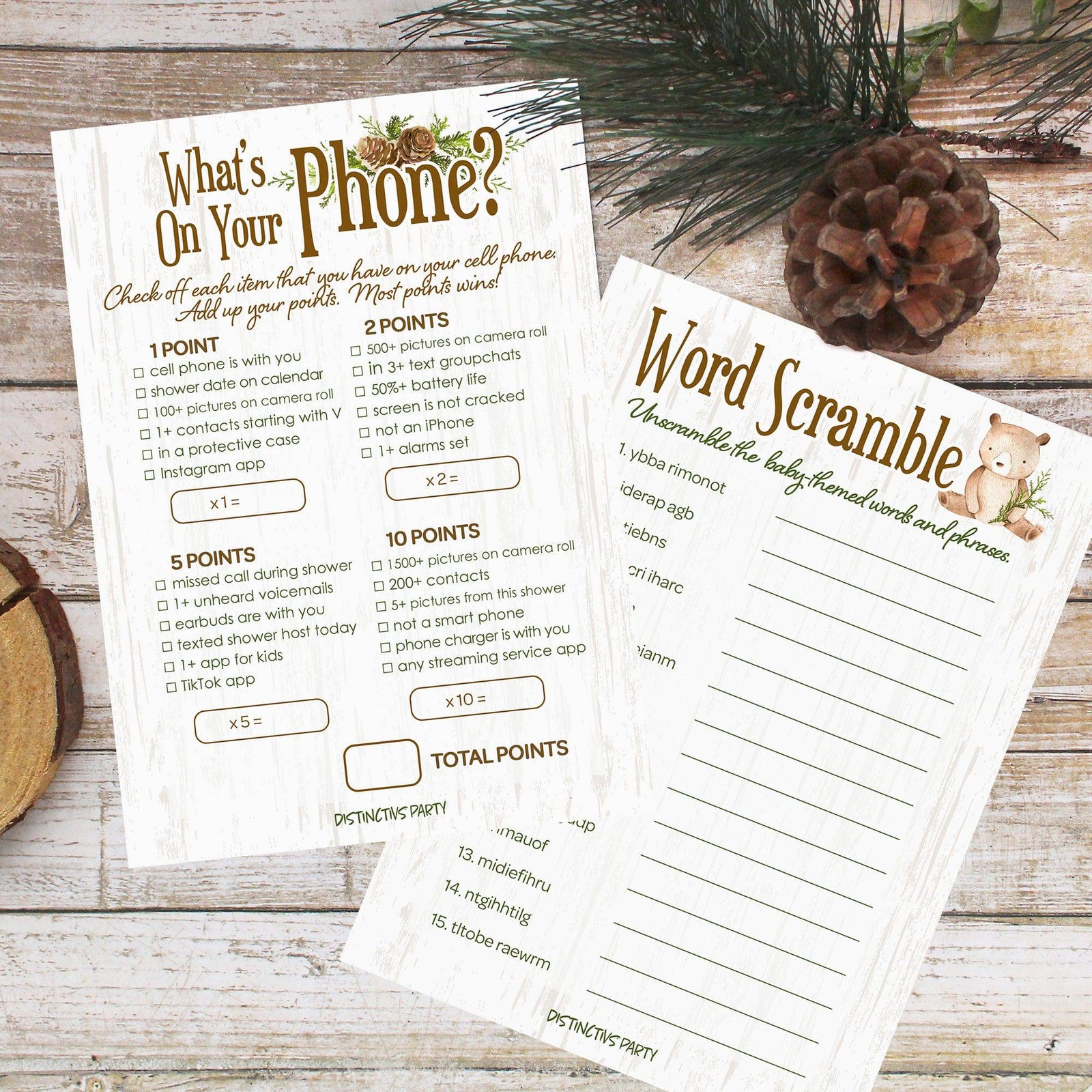 Woodland Bear: Baby Shower Two Game Bundle - What's On Your Phone and Word Scramble - 20 Dual Sided Cards - Distinctivs Party