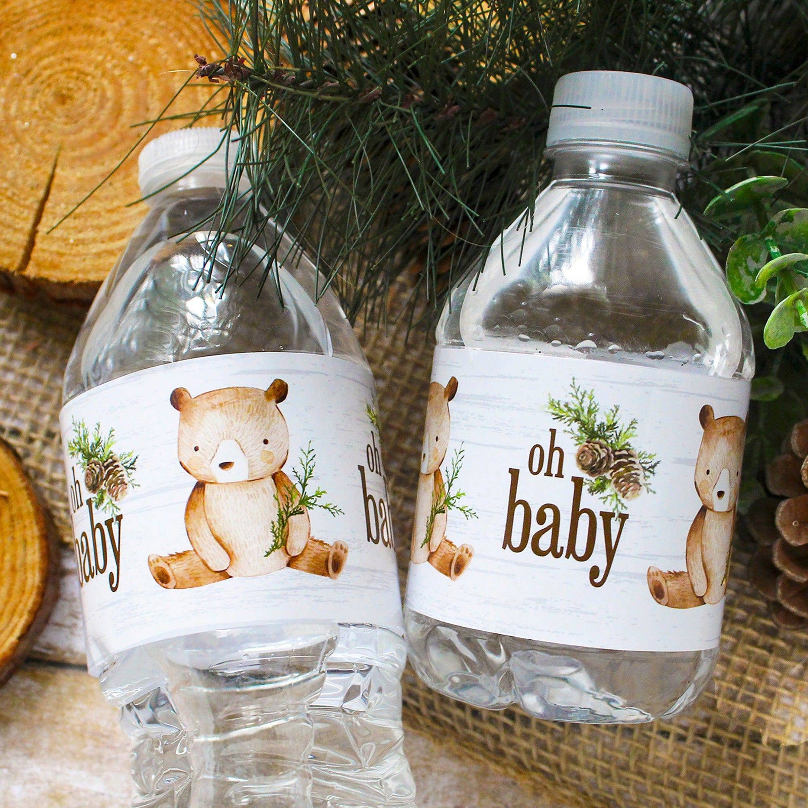 Woodland Bear: Baby Shower Water Bottle Labels - 24 Stickers - Distinctivs Party