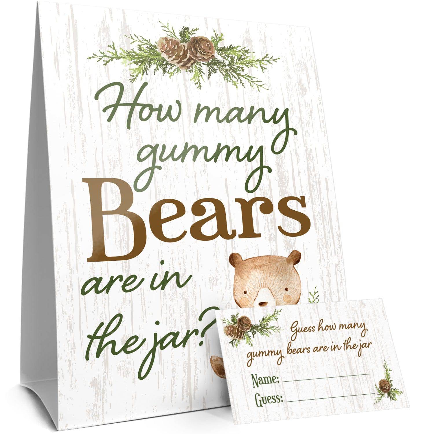 Woodland Bear: How Many Gummy Bears Baby Shower Game - Sign + 30 Cards - Distinctivs Party