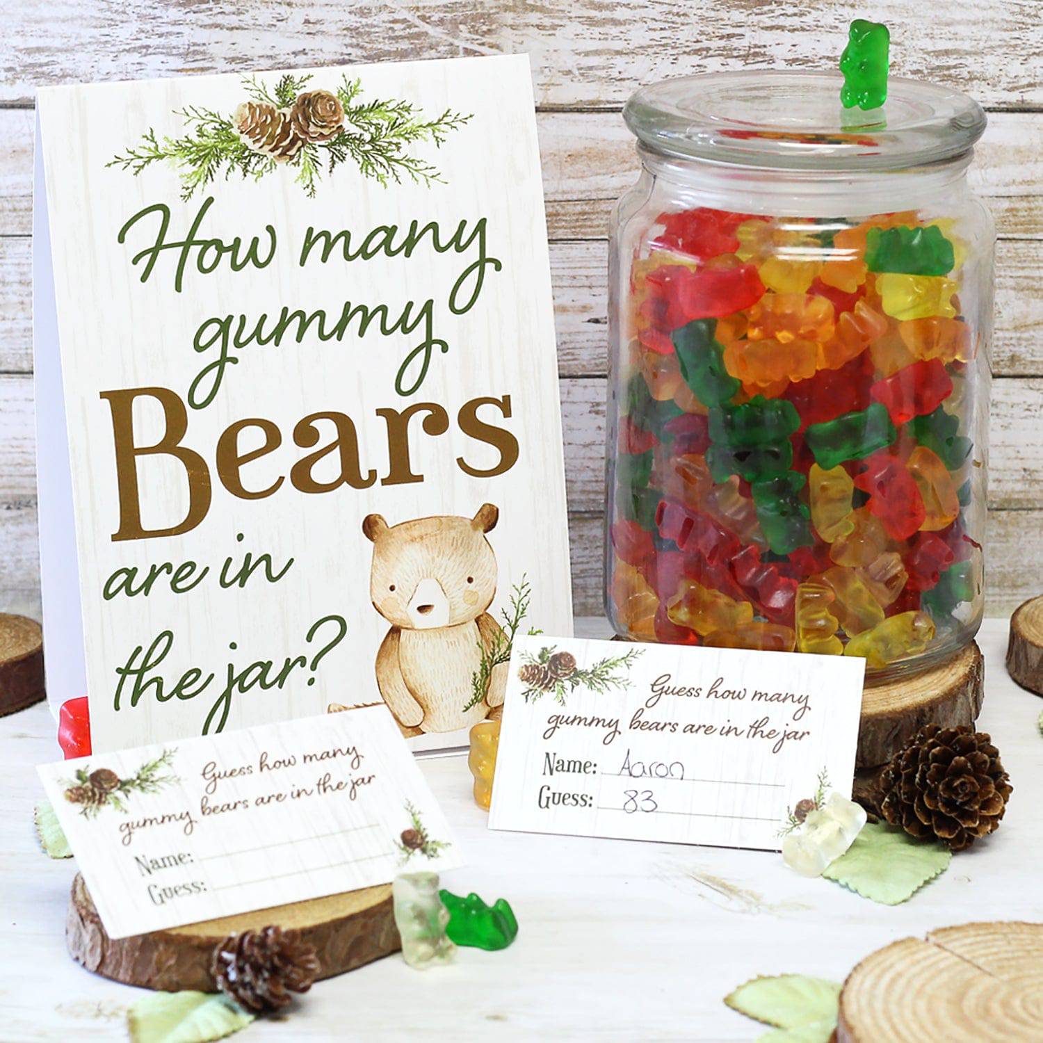 Woodland Bear: How Many Gummy Bears Baby Shower Game - Sign + 30 Cards - Distinctivs Party