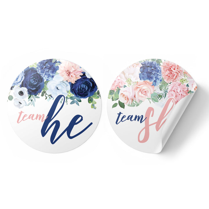Navy & Blush Floral: Gender Reveal Party -Team He or Team She - 40 Stickers